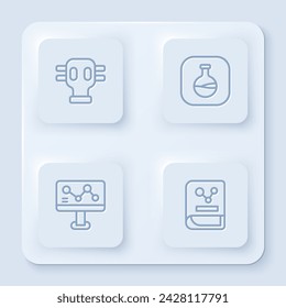 Set line Gas mask, Test tube and flask, Chemical formula and Chemistry book. White square button. Vector