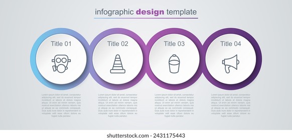 Set line Gas mask, Traffic cone, Fire bucket and Megaphone. Business infographic template. Vector