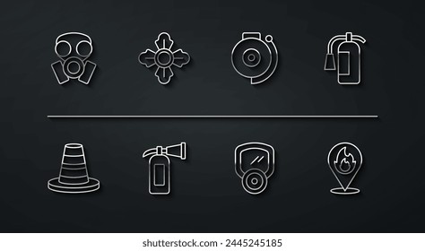 Set line Gas mask, Traffic cone, Fire extinguisher, Firefighter, Location with fire flame and Ringing alarm bell icon. Vector