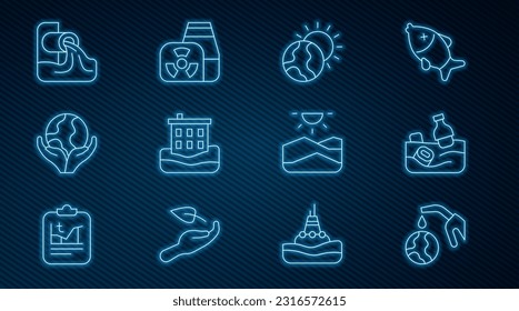Set line Gas pump nozzle and globe, Problem pollution of the ocean, Global warming, House flood, Hand holding Earth, Wastewater, Drought and Nuclear power plant icon. Vector