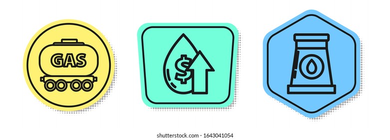 Set line Gas railway cistern, Oil price increase and Oil and gas industrial factory building. Colored shapes. Vector