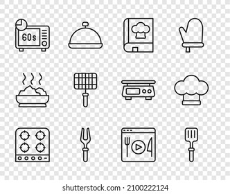 Set line Gas stove, Barbecue spatula, Cookbook, fork, Microwave oven, steel grid, Cooking live streaming and Chef hat icon. Vector