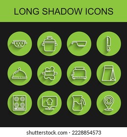Set line Gas stove, Chef hat with location, Kitchen colander, Jug glass water, Rolling pin dough, Bag of coffee beans and Toaster icon. Vector