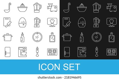 Set line Gas stove, Cutting board, Chef hat with location, Teapot, Kitchen timer, and knife, ladle and Blender icon. Vector