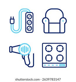 Set line Gas stove, Hair dryer, Armchair and Electric extension icon. Vector