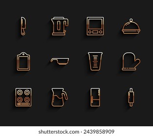 Set line Gas stove, Jug glass with water, Knife, Refrigerator, Rolling pin, Frying pan, Oven glove and Measuring cup icon. Vector