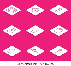 Set line Gas stove, Kitchen timer, Pepper, Paper package for milk, Bottle of olive oil, Cooking pot, apron and Frying pan icon. Vector