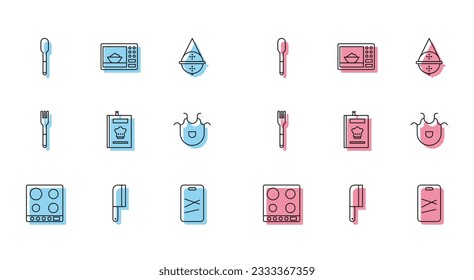 Set line Gas stove, Meat chopper, Spoon, Cutting board, Cookbook, Kitchen apron, Fork and Microwave oven icon. Vector
