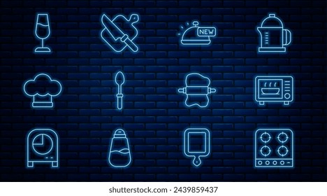 Estufa de gas, horno de microondas, cubierta con bandeja de comida, cucharadita, sombrero de chef, vidrio de vino, masa de rodillo y tabla de cortar e icono de cuchillo. Vector