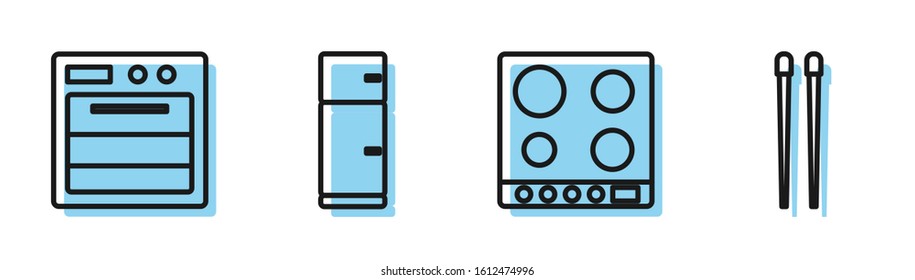 Set line Gas stove, Oven, Refrigerator and Food chopsticks icon. Vector