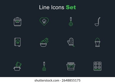 Set line Gas stove, Oven, Spatula, Cooking pot and spice, Chicken egg on stand, glove, Measuring cup bowl and Cookbook icon. Vector
