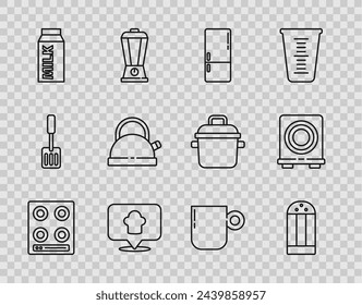 Set line Gas stove, Salt, Refrigerator, Chef hat with location, Paper package for milk, Kettle handle, Coffee cup and Electric icon. Vector