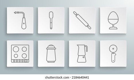 Set line Gas stove, Spoon, Salt and pepper, Moka pot, Pizza knife, Rolling pin, Chicken egg stand and Long electric lighter icon. Vector