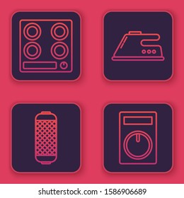 Set line Gas stove , Stereo speaker , Electric iron  and Remote control. Blue square button. Vector