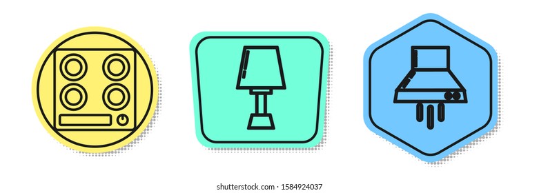 Set line Gas stove , Table lamp  and Kitchen extractor fan . Colored shapes. Vector