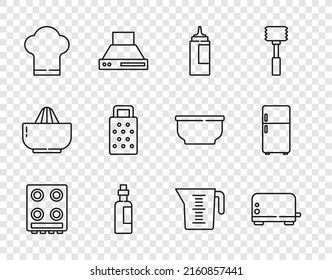 Set line Gas stove, Toaster, Sauce bottle, Bottle of olive oil, Chef hat, Grater, Measuring cup and Refrigerator icon. Vector