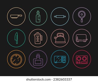 Set line Gas stove, Toaster, Rolling pin, Teapot, Knife, Frying pan, Kettle with handle and Bottle of olive oil icon. Vector