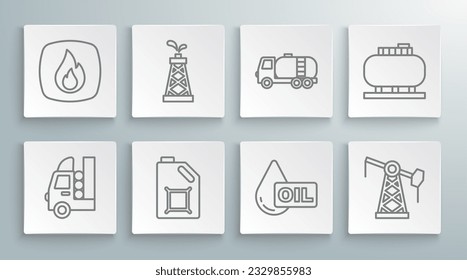 Set line Gas tank for vehicle, Oil rig, Canister motor oil, drop, pump pump jack, Tanker truck, storage and Fire flame icon. Vector