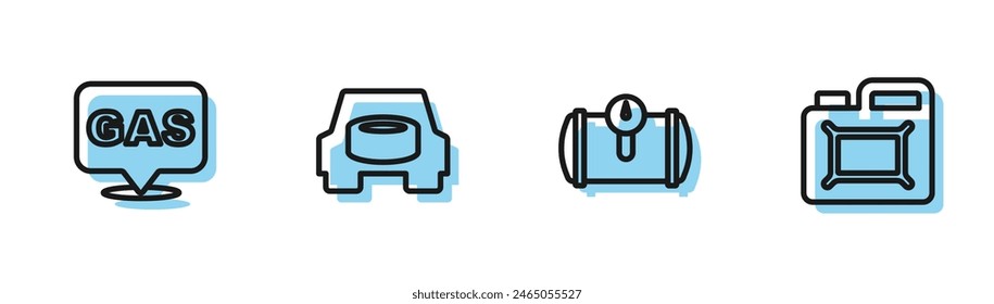 Set line Gas tank for vehicle, Location and gas station, Spare wheel in the car and Canister motor oil icon. Vector