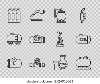 Set line Tanque de gas para vehículo, almacenamiento de aceite, tuberías y válvulas metálicas, cilindro de gas de Industrial, tubo de ensayo de gasolina e ícono. Vector