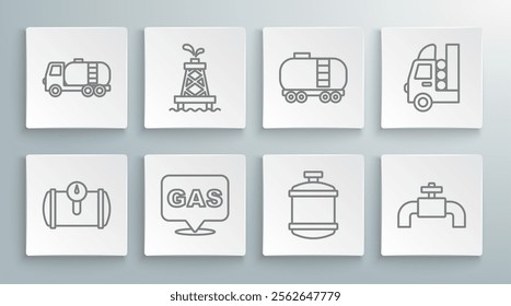 Set line Gas tank for vehicle, Oil rig, Location and gas station, Propane, Metallic pipes valve, railway cistern,  and Tanker truck icon. Vector