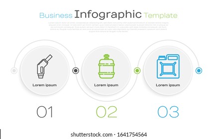 Set line Gasoline pump nozzle, Propane gas tank and Canister for gasoline. Business infographic template. Vector