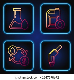 Set line Gasoline pump nozzle, Oil exchange, water transfer, convert, Oil petrol test tube and Canister for motor machine oil. Gradient color icons. Vector