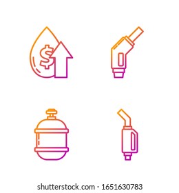 Set line Gasoline pump nozzle, Propane gas tank, Oil price increase and Gasoline pump nozzle. Gradient color icons. Vector