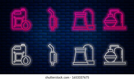Set line Gasoline pump nozzle, Oil and gas industrial factory building, Canister for motor machine oil and Oil and gas industrial factory building. Glowing neon icon on brick wall. Vector