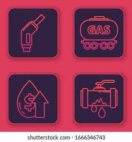 Set line Gasoline pump nozzle, Oil price increase, Gas railway cistern and Broken metal pipe with leaking water. Blue square button. Vector