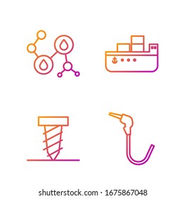 Fije la boquilla de la bomba de gasolina, perforadora giratoria cavando un agujero, aceite molécula y barco petrolero. Iconos de color degradado. Vector