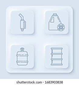 Fije la boquilla de la bomba de gasolina, el cartucho anticongelante, el tanque de propano y el aceite de barril. Botón cuadrado blanco. Vector