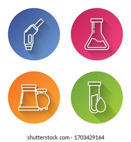 Set line Gasoline pump nozzle, Test tube and flask, Oil and gas industrial factory building and Oil petrol test tube. Color circle button. Vector