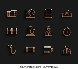 Set line Gasoline pump nozzle, Industry pipe, Oil industrial factory building, Businessman stock market trader, Petrol gas station, drop and Oilman icon. Vector