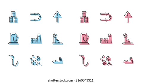 Set line Gasoline pump nozzle, Molecule oil, Barrel, Oil tanker ship, industrial factory building, jack, Petrol gas station and Industry pipe icon. Vector