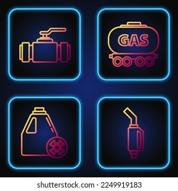 Fijar la tubería de la boquilla de la bomba de gasolina, el cartucho de anticongelante, las tuberías metálicas y la cisterna de la industria y la cisterna del ferrocarril de gas. Iconos de color de degradado. Vector