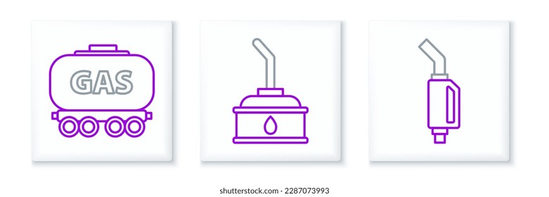 Set line Gasoline pump nozzle, railway cistern and Canister for motor machine oil icon. Vector