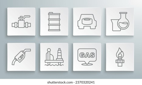 Set line Gasoline pump nozzle, Barrel oil, Oil platform the sea, Location and gas station, rig with fire, Spare wheel car, petrol test tube and Metallic pipes valve icon. Vector