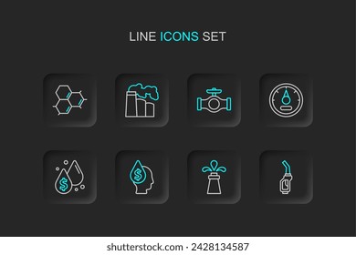 Línea de ajuste Boquilla de bomba de gasolina, plataforma petrolífera, caída con símbolo de dólar, indicador de gas del motor, válvula de tubería, fábrica industrial e icono de aceite de molécula. Vector