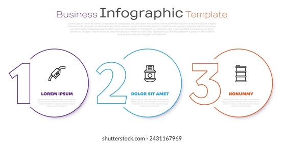 Set line Gasoline pump nozzle, Propane gas tank and Barrel oil. Business infographic template. Vector