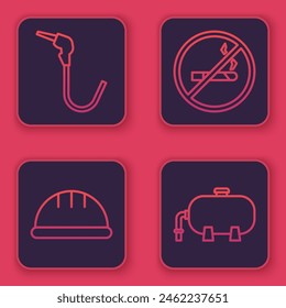 Set line Gasoline pump nozzle, Worker safety helmet, No Smoking and Oil industrial factory building. Blue square button. Vector