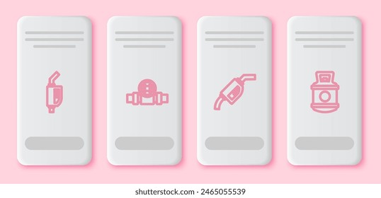 Set line Gasoline pump nozzle, Metallic pipes and valve,  and Propane gas tank. White rectangle button. Vector