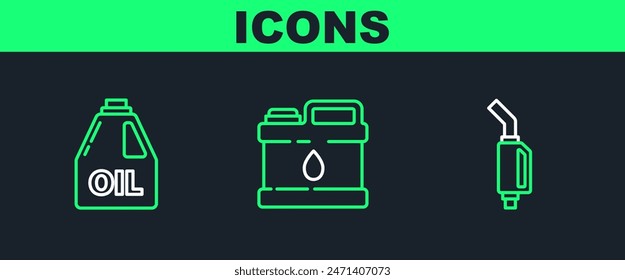Set line Gasoline pump nozzle, Canister for motor machine oil and  icon. Vector