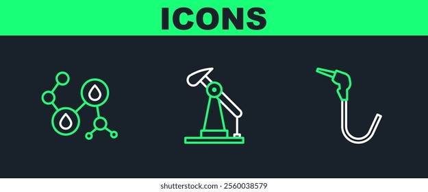 Set line Gasoline pump nozzle, Molecule oil and Oil or jack icon. Vector