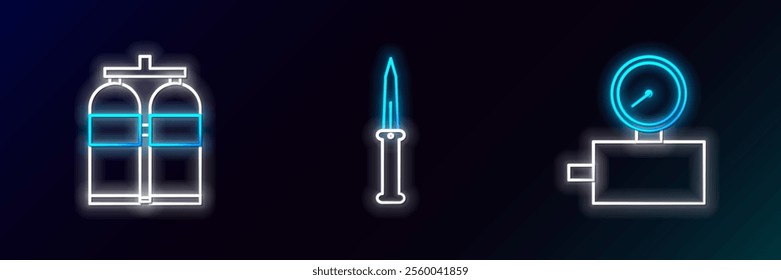 Set line Gauge scale, Aqualung and Army knife icon. Glowing neon. Vector