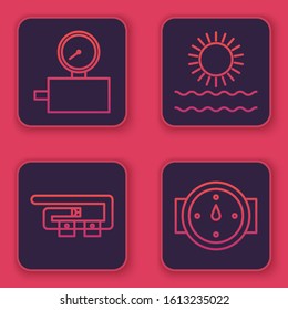 Set line Gauge scale, Diving belt, Sun and waves and Wind rose. Blue square button. Vector