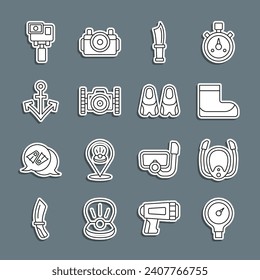 Set line Gauge scale, Diving mask with snorkel, Boots, knife, Photo camera for diver, Anchor, Action extreme and Flippers swimming icon. Vector