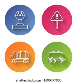 Ajuste la escala de los indicadores de línea, la marca de exclamación en triángulo, coche de cisterna y cisterna de ferrocarril de aceite. Botón de círculo de color. Vector