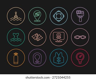 Set line Maßstab, Schwimmbrille, Rettungsring, Flippers, Whale Tail, Floating, Scallop Muschel und Ikone. Vektorgrafik