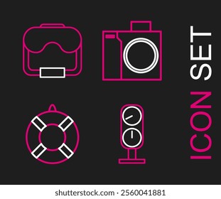 Set line Gauge scale, Lifebuoy, Photo camera for diver and Diving mask icon. Vector